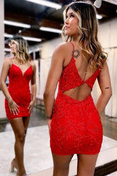Red Spaghetti Straps Bodycon Keyhole Back Short Lace Homecoming Dress